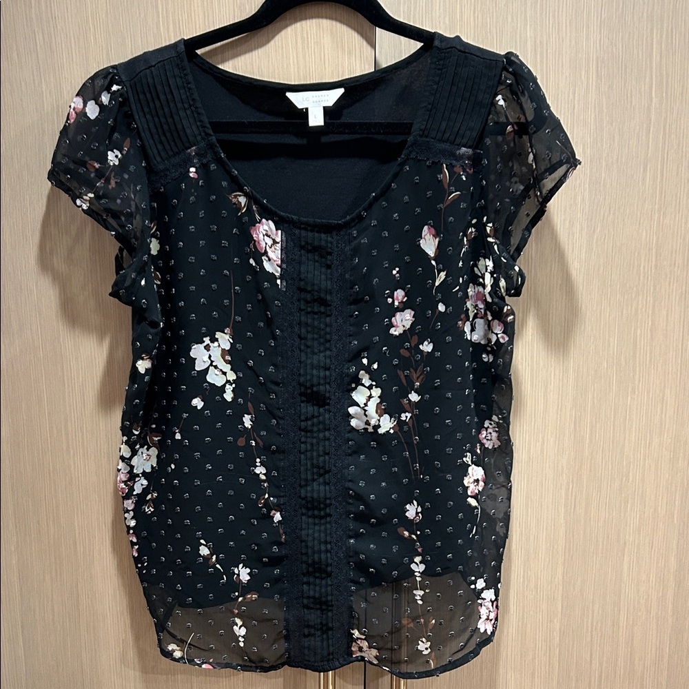 LC Lauren Conrad Black Blouse with Floral Pattern